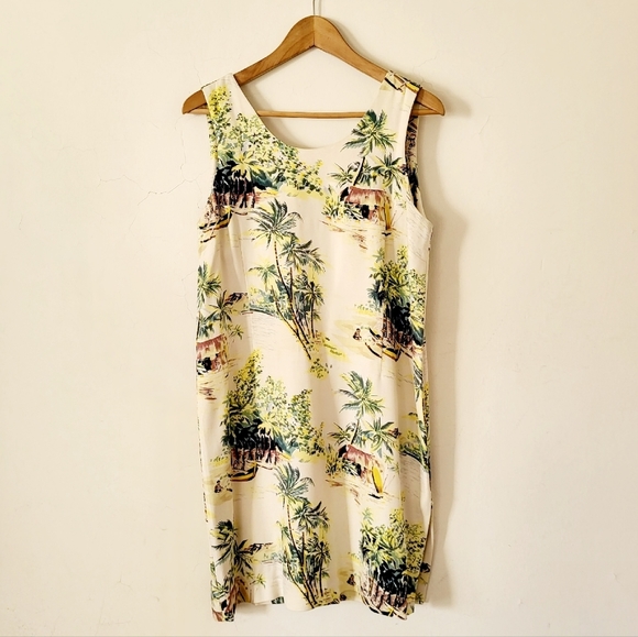 Tiki Classics 100% Silk Summer Dress Beige Palm Tree and Canoe Print Size L - Picture 8 of 8